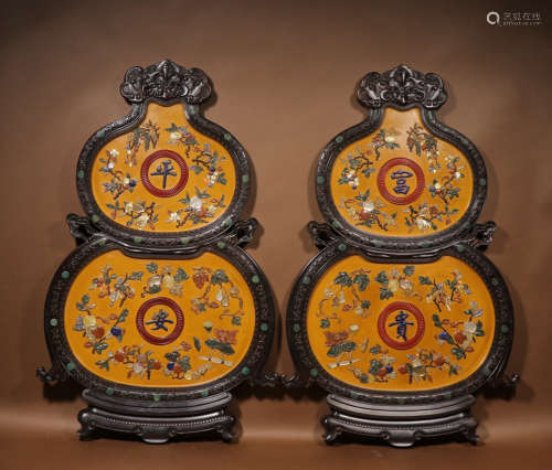 PAIR OF LACQUER WITH GEM DECORATED SCREENS
