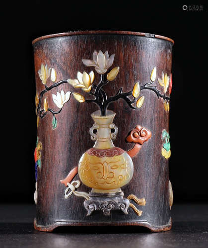 ZITAN WOOD WITH GEM DECORATED BRUSH POT