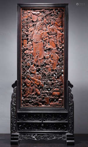 BAMBOO CARVED SCREEN WITH ZITAN WOOD BASE
