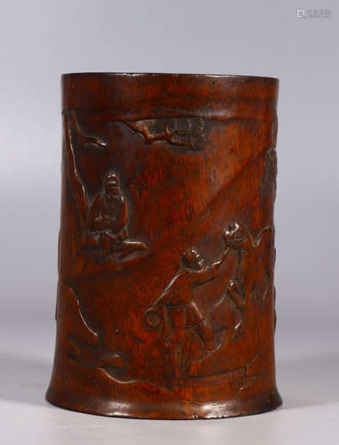 BAMBOO CARVED FIGURE STORY PATTERN BRUSH POT