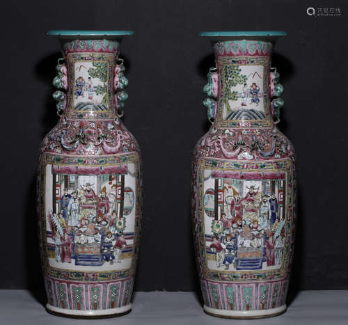 PAIR OF GUANGCAI GLAZE FIGURE PATTERN VASES