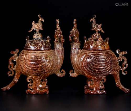 PAIR OF ANTIQUE JADE CARVED DRAGON&PHOENIX VASES