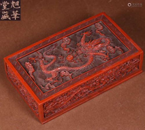 RED LACQUER CARVED DRAGON PATTERN BOX