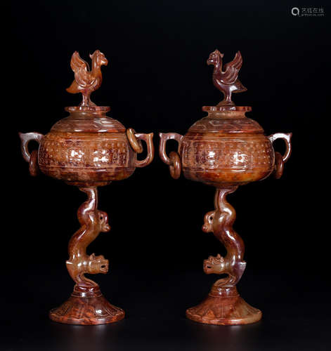 PAIR OF ANTIQUE JADE CARVED DRAGON&PHOENIX CENSERS