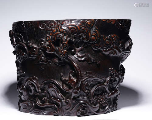 XIAOYE ZITAN WOOD CARVED DRAGON PATTERN BRUSH WASHER