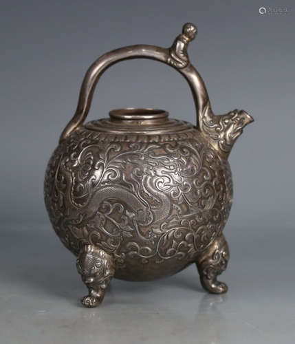 SILVER CAST DRAGON PATTERN LIFTING POT