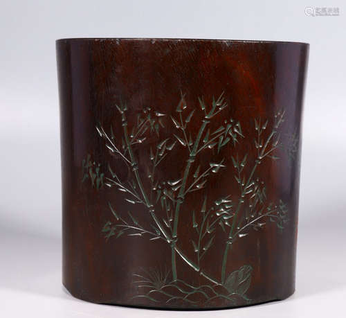 ZITAN CARVED POETRY PATTERN BRUSH POT