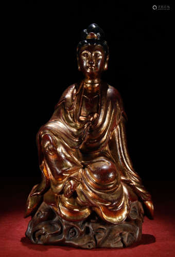 LACQUER WITH GOLD GUANYIN BUDDHA STATUE