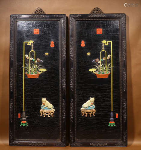 PAIR OF BLACK LACQUER CARVED SCREENS