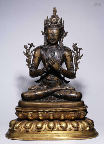 GOLD/SILVER INLAID BRONZE CAST MANJUSRI STATUE