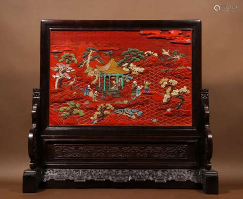 ZITAN WITH RED LACQUER CARVED FIGURE STORY SCREEN