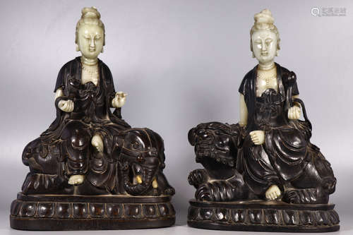 PAIR OF ZITAN WITH SOAPSTONE MANJUSRI PENDANTS