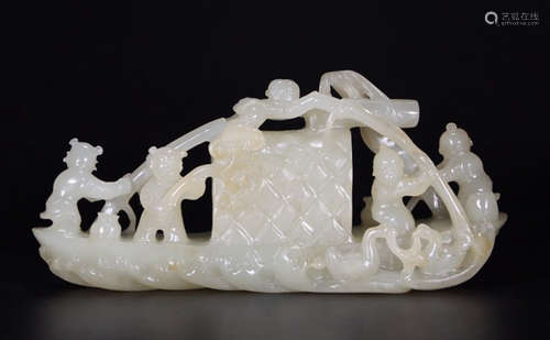 HETIAN JADE CARVED FIGURE BOAT SHAPED PENDANT