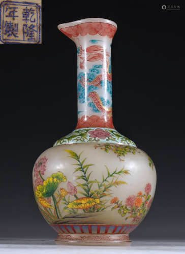 GLASS ENAMELED CARVED VESSEL WITH FLOWER PATTERN