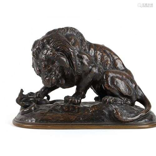 Antoine-Louis BARYE (1795-1875) Lion au serpent Bronze à pat...