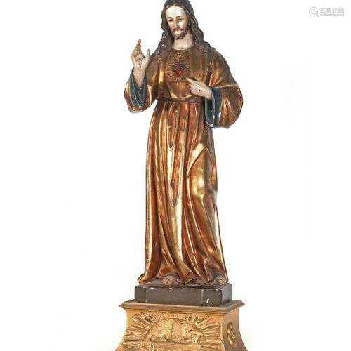 Sculpture polychrome Christ bénissant portant les stigmates ...