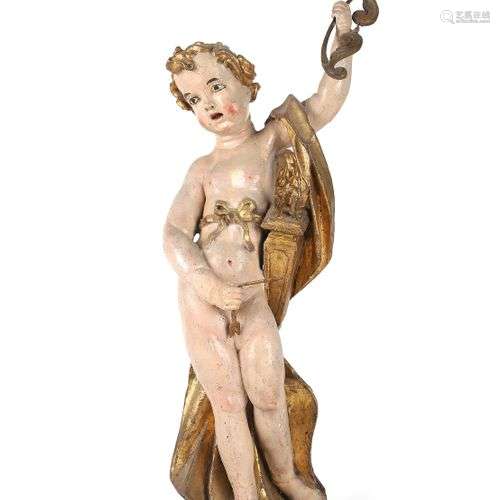 Cupidon en bois sculpté, polychromé et doré brandissant son ...
