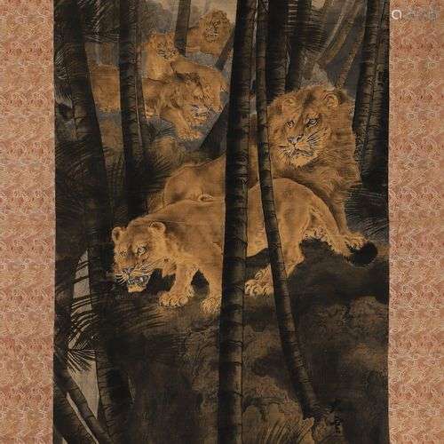 Tenture asiatique en soie peinte à décor animé d’un tigre (B...