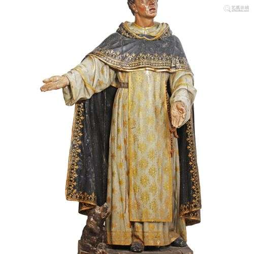 Saint Dominique en bois sculpté en ronde-bosse, polychromé e...