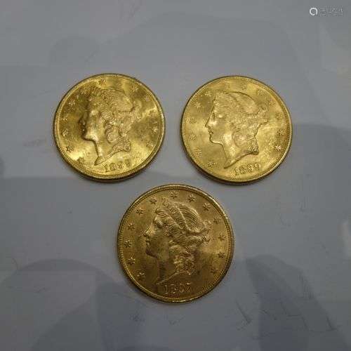 Trois pièces de 20 dollars or. 1887 et 1889. Poids…