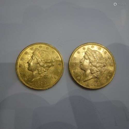 Deux pièces de 20 dollars or. 1900 et 1904. Poids …