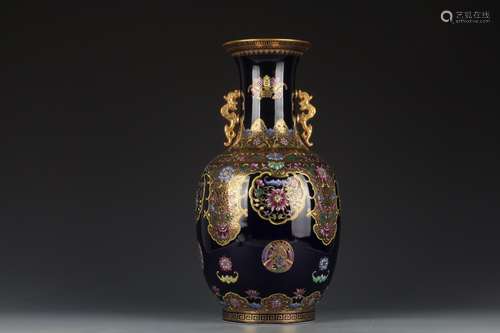 Blue Glaze Enamel Binaural Bottle with Gold of the Qing Qian...