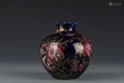 Blue Glaze Enamel Pomegranate Statue with Goldof the Qing Qi...