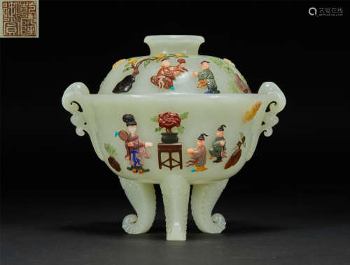 He Tian Jade Cover Bowl Inlaid with Gemstone of the Qing Dyn...