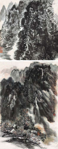 赵望云何纪争 辛酉（1981）年作 山水 （二帧） 镜片 设色纸本