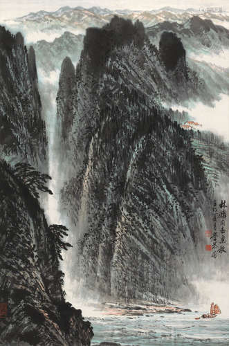岑学恭 壬戌（1982）年作 峡江行 立轴 设色纸本