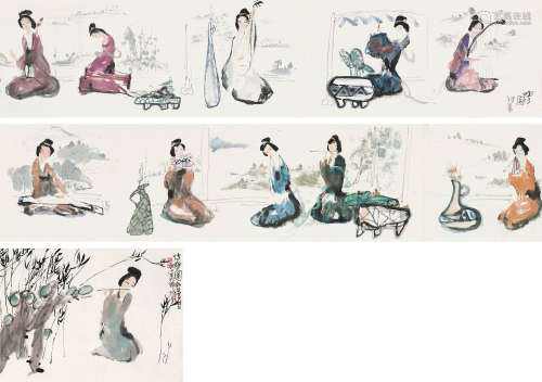 张洪 庚午（1990）年作 伎乐图 （两帧） 镜片 设色纸本