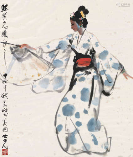 杨之光 甲戌（1994）年作 扇舞 镜片 设色纸本