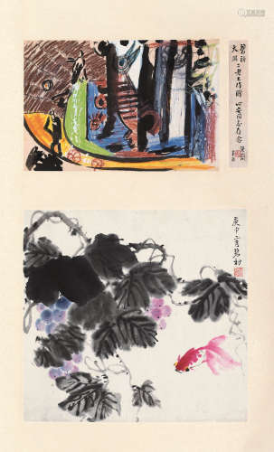 吴大羽周碧初 庚申（1980）年作 鱼乐图双挖 立轴 设色纸本