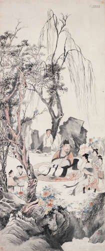 吴榖祥 甲戌（1874）年作 听箫图 镜片 设色纸本