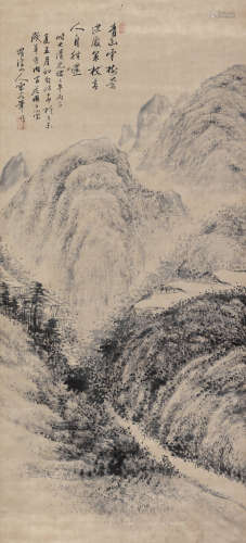 罗清 丙子（1876）年作 青山云树 立轴 水墨绫本