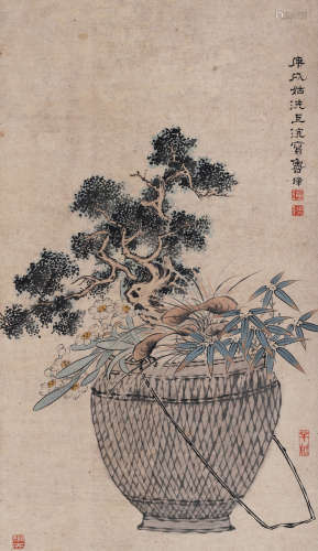 鲁璋 庚戌（1790）年作 百龄延年图 立轴 设色纸本