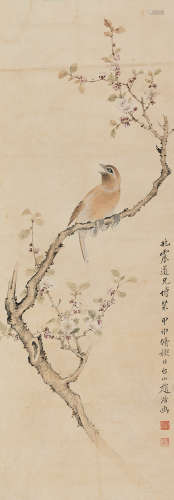 赵浩公 甲申（1944）年作 桃花小鸟 立轴 设色纸本