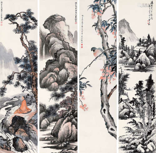 李研山冯湘碧张逸卢子枢 戊辰（1928）年作 绘画四屏 镜片 设色纸本