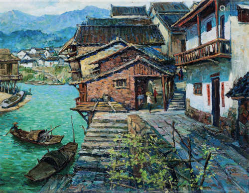 黄堃源（b.1944） 2004年作 河边小镇 布面油画