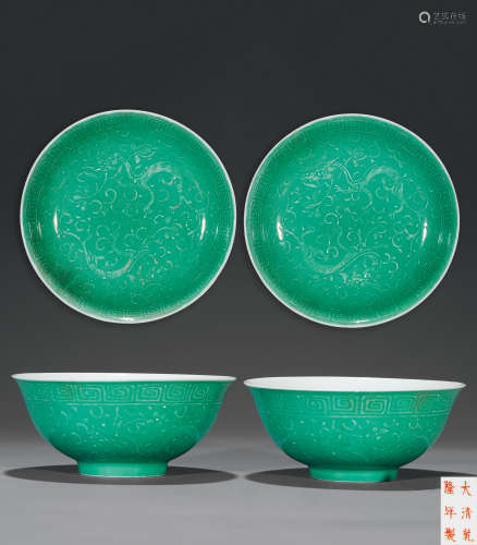 民国 绿釉螭龙纹碗碟 （一组四件）