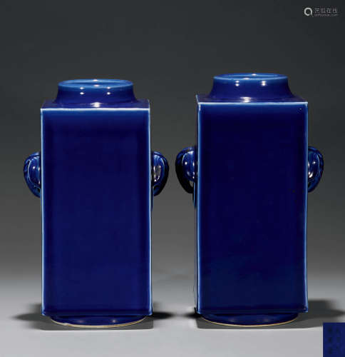 清光绪 霁蓝釉象耳琮式瓶 （一对）