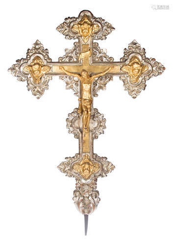 Large carved, silvered and gilded wooden processional cross....