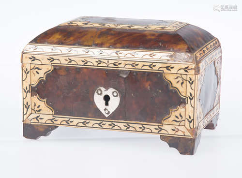 Small wooden box covered in tortoiseshell, ivory and silver....