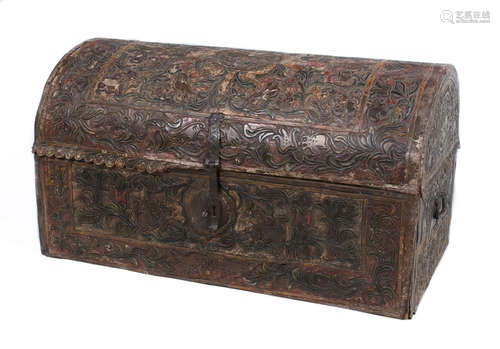 Wooden chest covered in embossed leather. Colonial School. P...