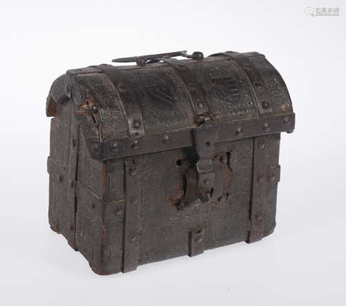 Wooden chest covered in embossed and engraved leather, with ...