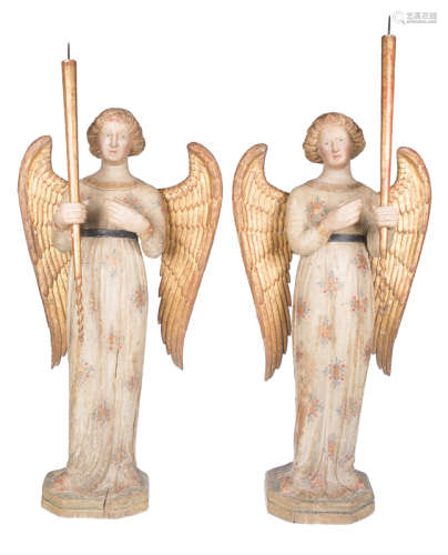 Exceptional pair of carved, polychromed and gilded poplar wo...