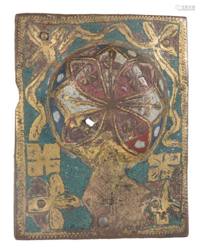 Gilded copper ornamental plaque, decorated with champlevé en...