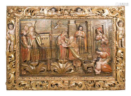 Monumental carved, gilded and polychromed wooden relief. Col...