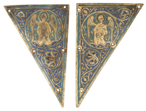 Two gilded and chased copper plaques with champlevé enamel. ...