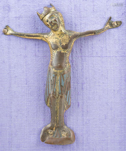 Gilded copper Christ with champlevé enamel. Limoges. France....